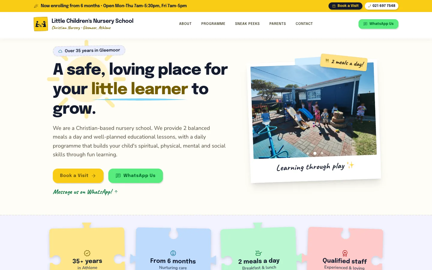 The Little Children's Nursery School website on a computer, with a Book a Visit button and a photo of the school