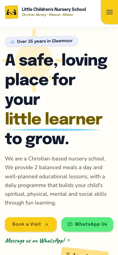 The Little Children's Nursery School home page on a phone, with the headline and the Book a Visit and WhatsApp buttons