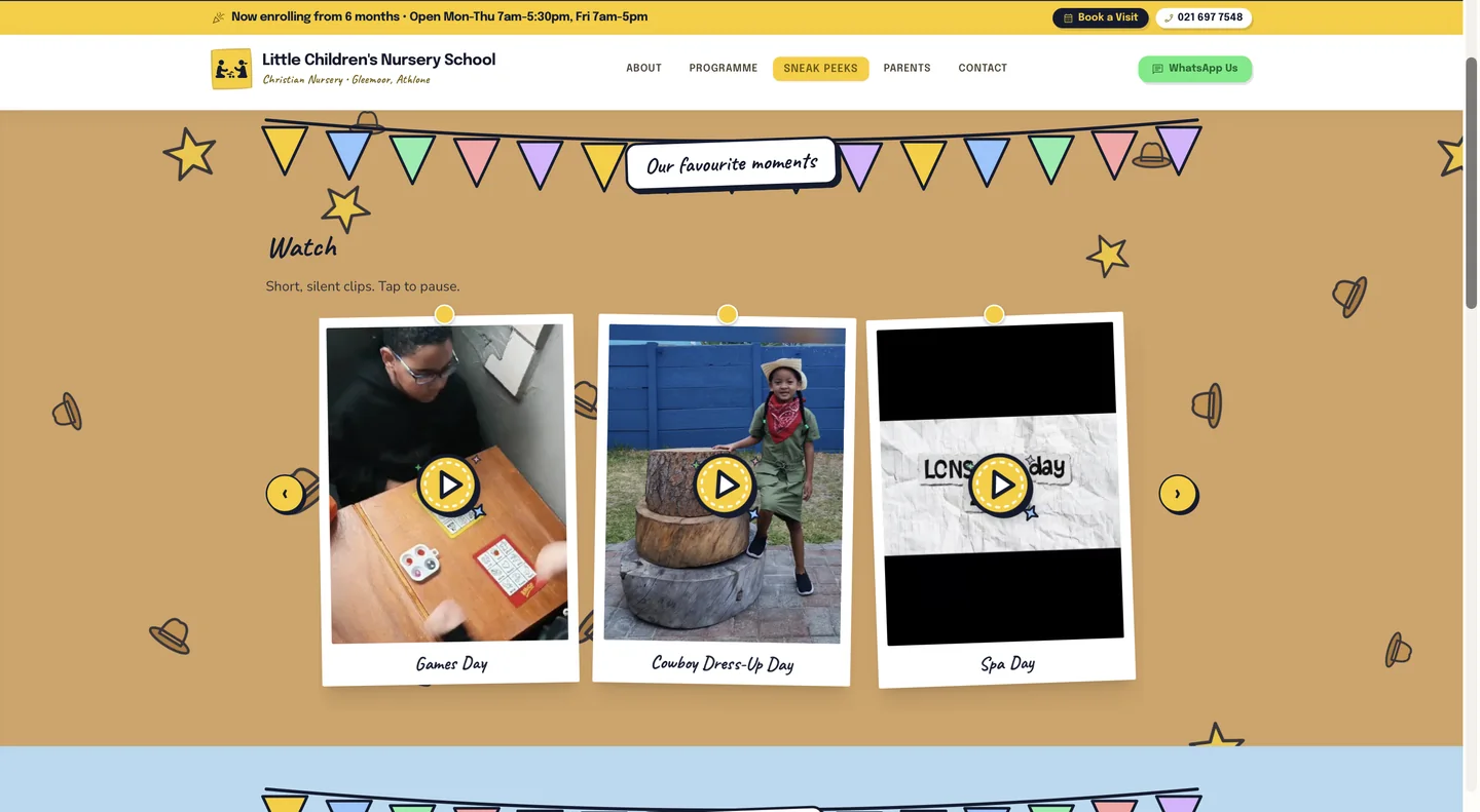 The Sneak Peeks page, Our favourite moments, showing three video polaroids: Games Day, Cowboy Dress-Up Day and Spa Day