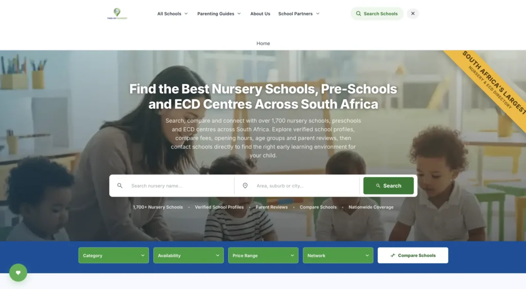 Find My Nursery homepage with a search bar and filters for finding nursery schools across South Africa