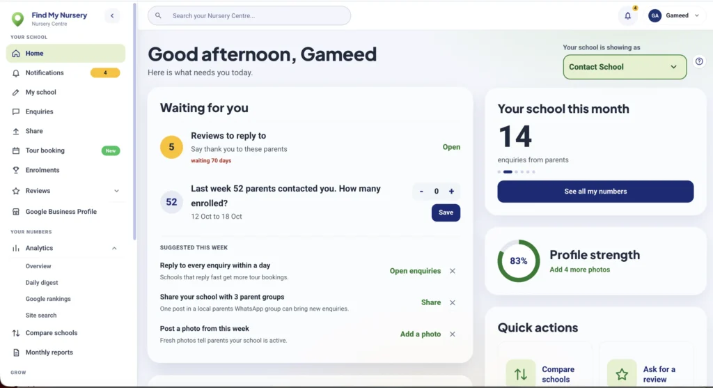 Find My Nursery school dashboard showing parent enquiries, review replies and profile strength
