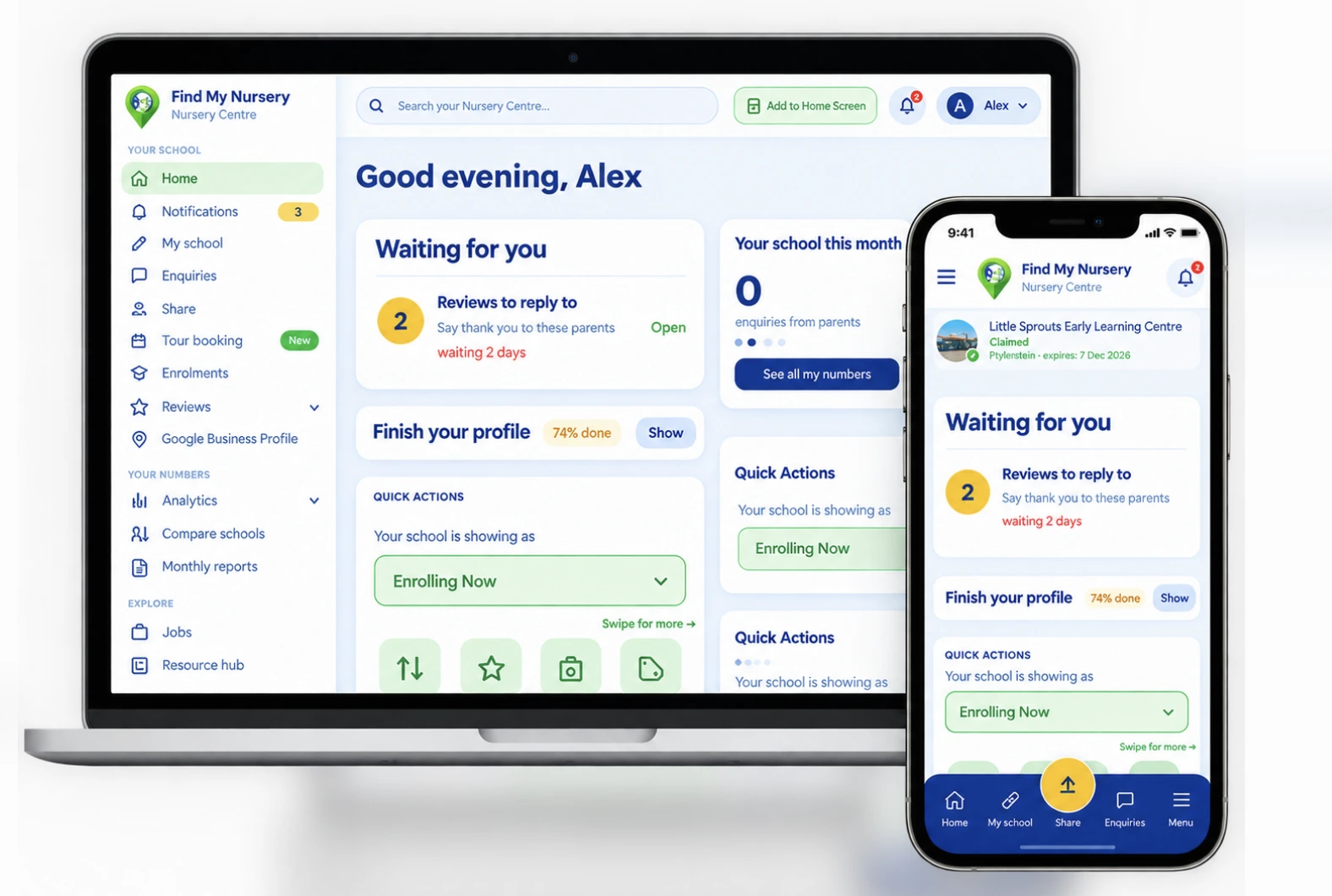 School owner dashboard and mobile app screenshot